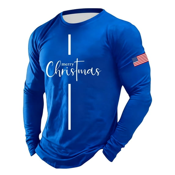 Christmas T-Shirts for Men Long Sleeve Flag Letter Print Pajamas Tee Crew Neck Casual Slim Fit Family Xmas Gift Mens T-Shirts Blue XXXXL