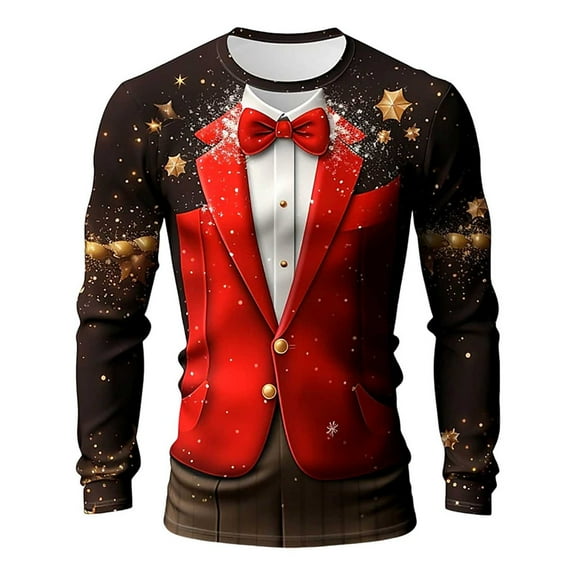 Christmas T-Shirts for Men Long Sleeve Funny 3D Graphic Party Cosplay Costume Crew Neck Casual Cozy Family Xmas Gift Mens T-Shirts Black L
