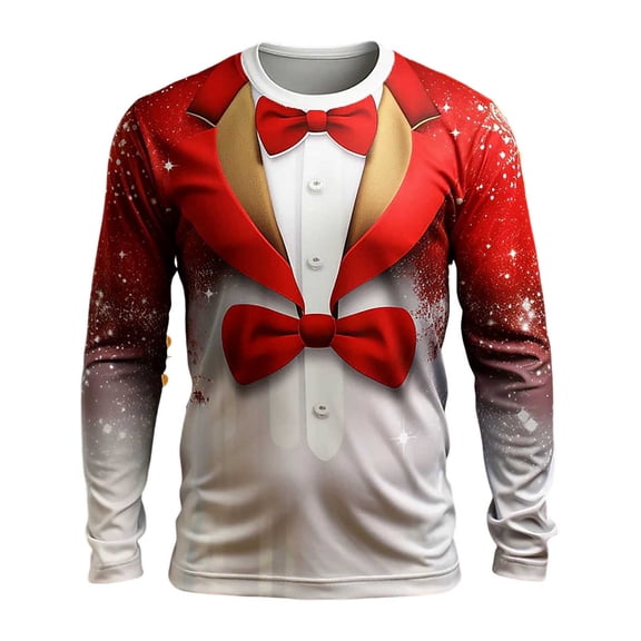 Christmas T-Shirts for Men Long Sleeve Funny 3D Graphic Party Crew Neck Casual Cozy Family Xmas Gift Mens T-Shirts Red XXL