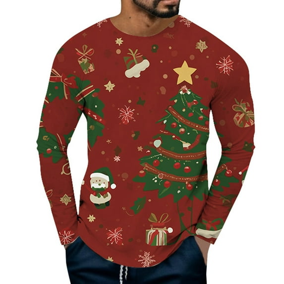 Christmas T-Shirts for Men Long Sleeve Merry Christmas Graphic Pajamas Tee Crew Neck Casual Slim Fit Family Xmas Gift Mens T-Shirts Red XXXL