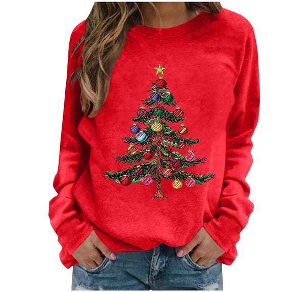 Christmas T-Shirts for Women Christmas Tree Print Long Sleeve Pullover Party Holiday Tees Fashion Fall Tops Loose Fit Crew Neck Shirts