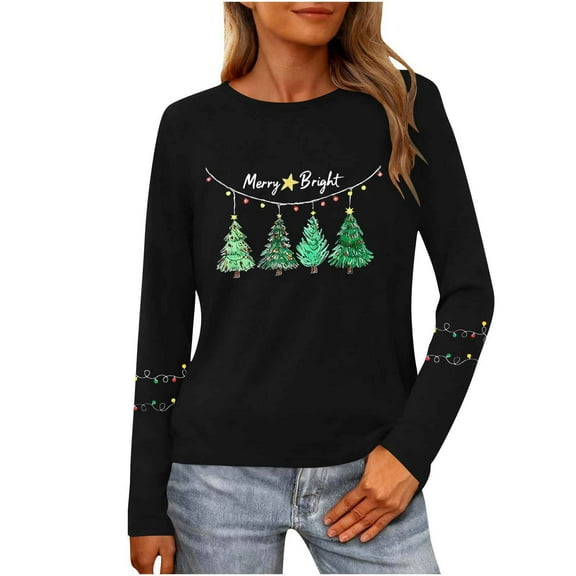 Christmas T-Shirts for Women Lightweight Crewneck Pullover Long Sleeve Graphic Printed Tees Holiday Xmas Tops (2XL, Black)