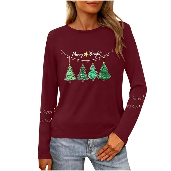 Christmas T-Shirts for Women Lightweight Crewneck Pullover Long Sleeve Graphic Printed Tees Holiday Xmas Tops (XL, Wine)
