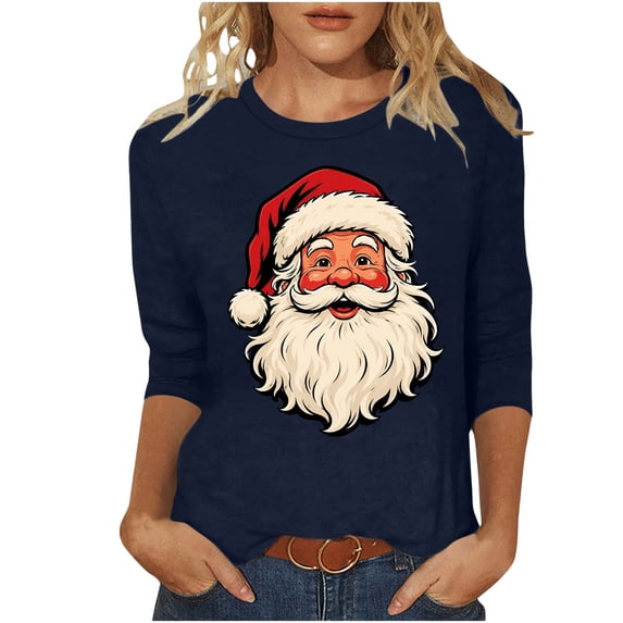 Christmas 3/4 Sleeve Tops for Women Plus Size Crewneck T-Shirts Xmas Holiday Graphic Tee Loose Fit