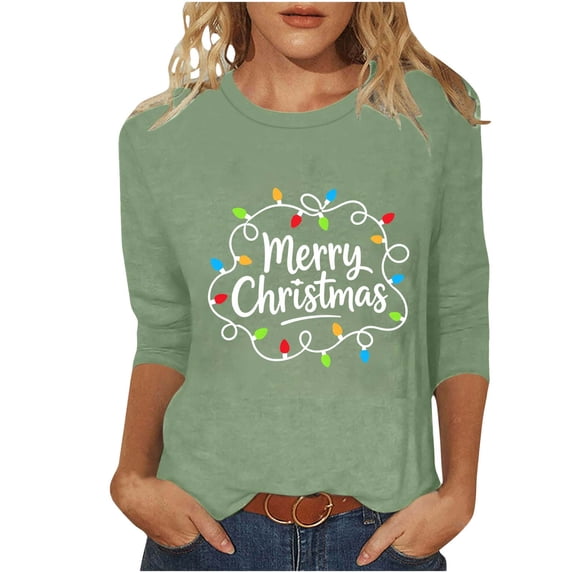Christmas 3/4 Sleeve Tops for Women Plus Size Crewneck T-Shirts Xmas Holiday Graphic Tee Loose Fit
