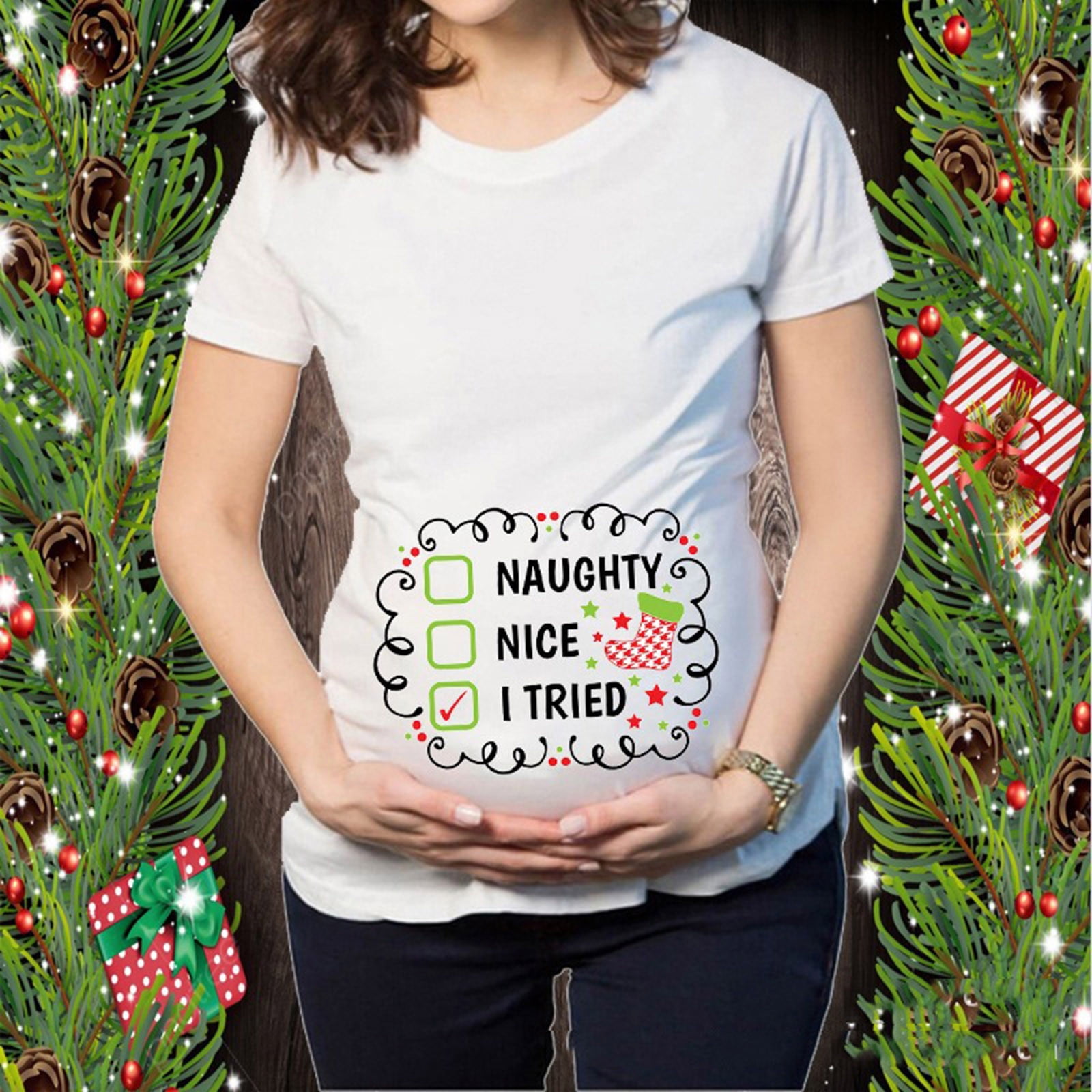 Christmas T-shirt Elk Snowman Cartoon Print Maternity Clothing
