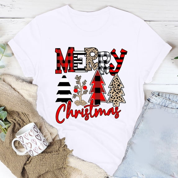 Christmas T-shirt for Women Casual Short Sleeved Round Neck Christmas Tree Graphic Tops Christmas Gifts