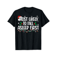 thumbnail image 1 of Christmas TShirt for Adults Most Likely to Fall Asleep First Holiday Tee with Santa Hat and Holly Design Black Unisex Tee, 1 of 6