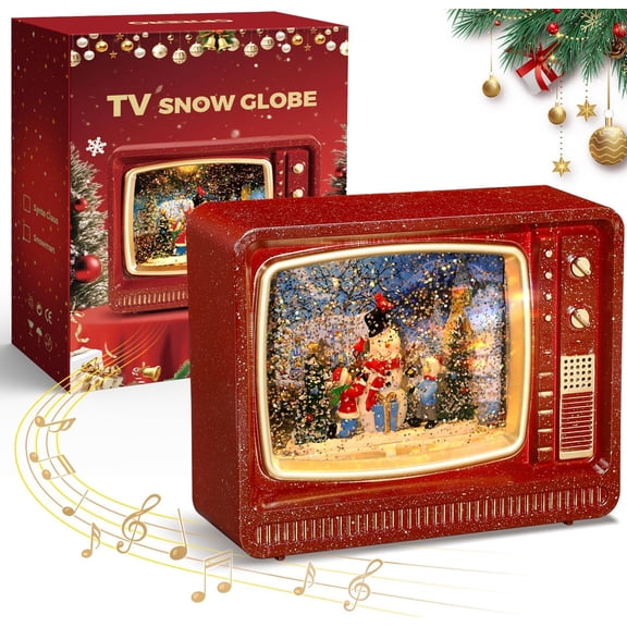 Christmas TV Snow Globe Lantern, Musical Snowman Snowglobes with Swirling Glitter, USB or Battery Powered, Retro Lighted Holiday Home Decorations, Gifts for Women Adults