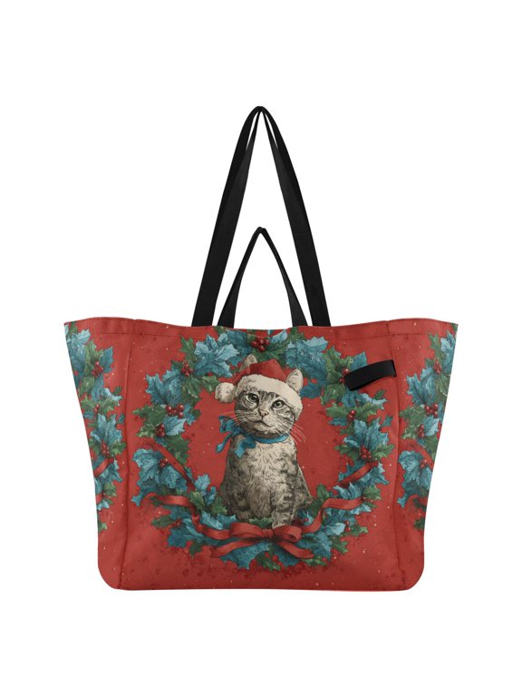 Christmas Tabby Cat Canvas Tote Bag Large Capacity Reusable Tote with Double Handles, Foldable Heavy Duty Shopping Beach Laundry Bag, 32L