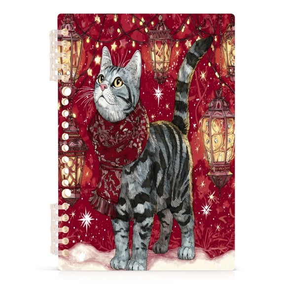 Christmas Tabby Cat Notebook College Horizontal Grid Paper Ink Spill Resistant Water Resistant Cover 8.3x5.7x0.4in