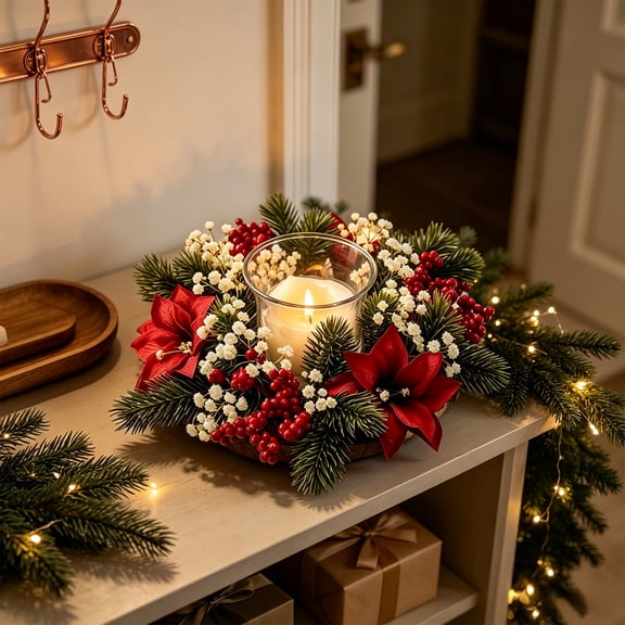 Christmas Table Candle Wreath with Artificial Berry and Flowers, Plastic Winter Centerpiece for Holiday Decor