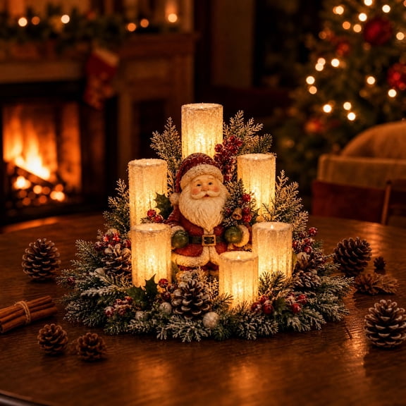 Christmas Table Centerpiece Decoration,Pre-lit Flameless Candle Arrangement with Frosted Pine,Pinecones and Red Berries,Seasonal Tabletop Ornament for Fireplace and Holiday Party Festive