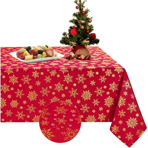 Christmas Table Cloth 60 x 102 Inch, Waterproof Red Gold Snowflake Tablecloth Rectangular, Washable Xmas Table Cover Spillproof Winter Table Cloths Cover for Holiday Christmas Decorations