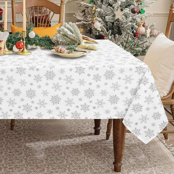 Christmas Table Cloth 60 x 102 Inch, Waterproof White Silver Snowflake Tablecloth Rectangular, Washable Xmas Table Cover Spillproof Winter Table Cloths Cover for Holiday Christmas Decorations