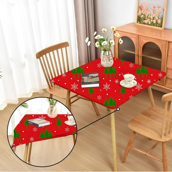 Christmas Table Cloth for Outdoor Small Square Card Table 34x34 inch:Wrinke Free Fitted Washable Stretchy Elastic Red Tablecloth with Christmas Tree and Snowflake