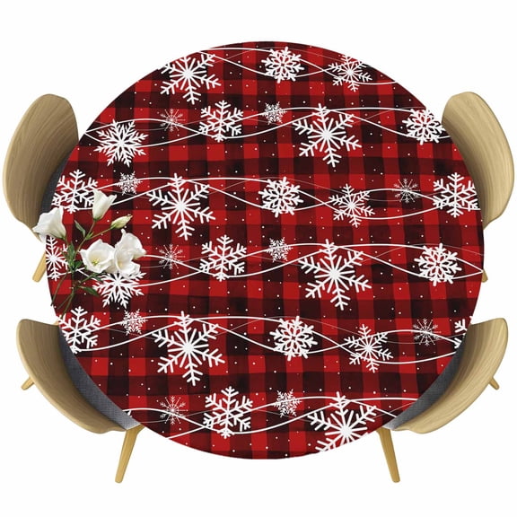 Christmas Table Cloth, Round Fitted Tablecloths with Elastic Edge, Black Red Buffalo Plaid Winter Xmas Snowflake Wipeable Waterproof Table Cover for Kitchen Wedding 55-60 Inches