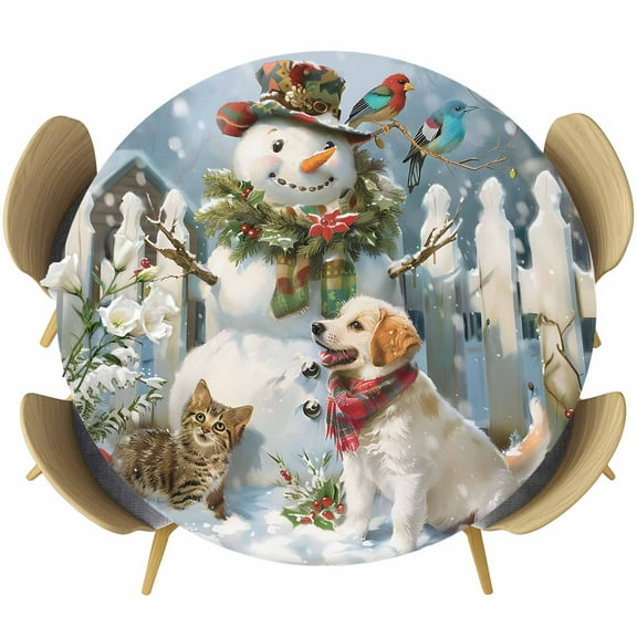 Christmas Table Cloth, Round Fitted Tablecloths with Elastic Edge, Farm Snowman Dog Cat Winter Cottage Wipeable Waterproof Table Cover for Kitchen Wedding 36-44 Inches