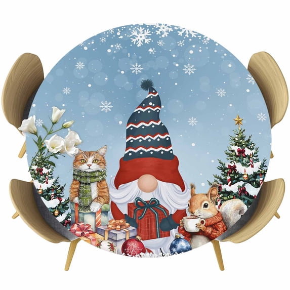 Christmas Table Cloth, Round Fitted Tablecloths with Elastic Edge, Gnomes Cat Squirrel Xmas Pine Tree Winter Snow Wipeable Waterproof Table Cover for Kitchen Wedding 36-44 Inches