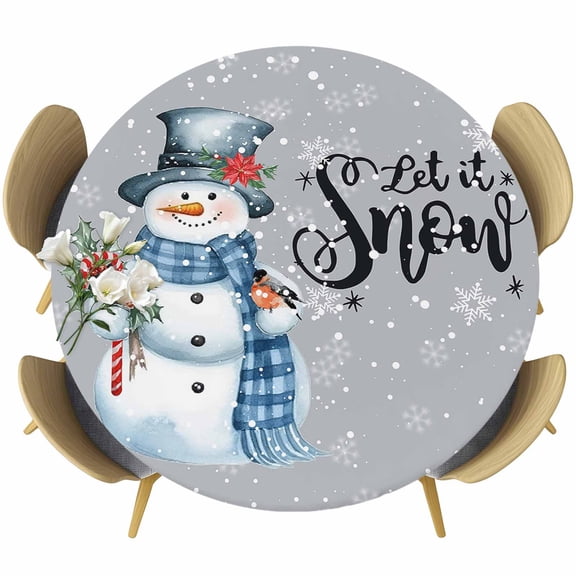 Christmas Table Cloth, Round Fitted Tablecloths with Elastic Edge, Grey Snowman Xmas Winter Snowflake Wipeable Waterproof Table Cover for Kitchen Wedding 55-60 Inches