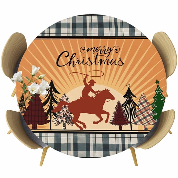 Christmas Table Cloth, Round Fitted Tablecloths with Elastic Edge, Orange Western Cowboy Xmas Tree Plaid Wipeable Waterproof Table Cover for Kitchen Wedding 55-60 Inches