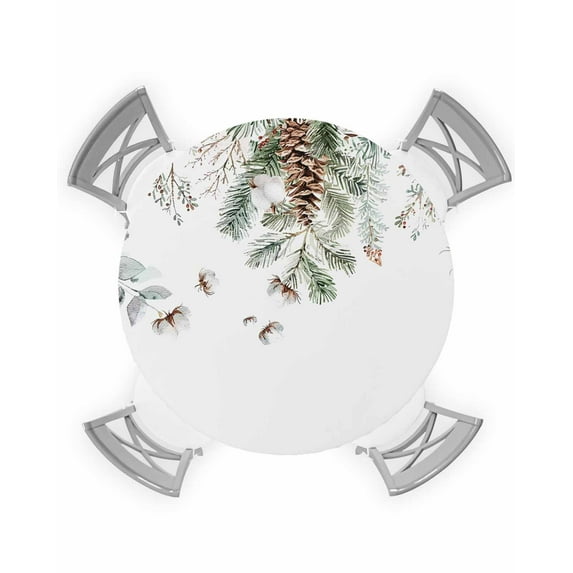 Christmas Table Cloth, Round Fitted Tablecloths with Elastic Edge, Pinecone Eucalyptus Leaves Xmas Botanical Wipeable Waterproof Table Cover for Kitchen Wedding 36-44 Inches
