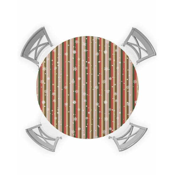 Christmas Table Cloth, Round Fitted Tablecloths with Elastic Edge, Red Green Beige Striped Snowflake Xmas Wipeable Waterproof Table Cover for Kitchen Wedding 55-60 Inches