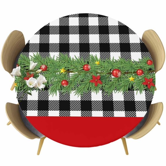Christmas Table Cloth, Round Fitted Tablecloths with Elastic Edge, Red Green Xmas Botanical Berry Black Checkered Wipeable Waterproof Table Cover for Kitchen Wedding 55-60 Inches