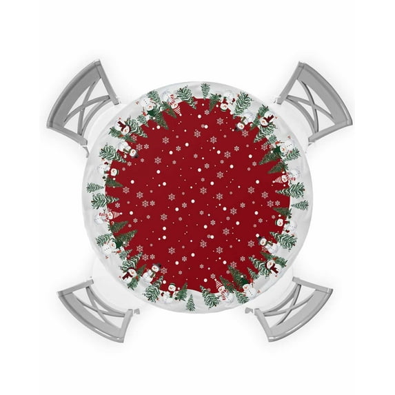 Christmas Table Cloth, Round Fitted Tablecloths with Elastic Edge, Red Snowman Snowflake Snowy Tree Wipeable Waterproof Table Cover for Kitchen Wedding 55-60 Inches