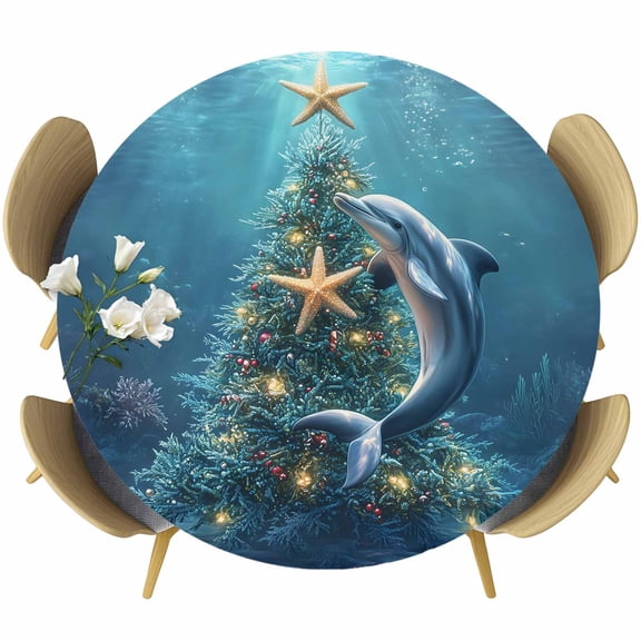 Christmas Table Cloth, Round Fitted Tablecloths with Elastic Edge, Winter Ocean Pine Tree Starfish Coral Dolphin Wipeable Waterproof Table Cover for Kitchen Wedding 36-44 Inches