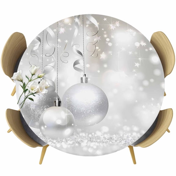 Christmas Table Cloth, Round Fitted Tablecloths with Elastic Edge, Xmas Silver Balls Glitter Sparkle Stars Wipeable Waterproof Table Cover for Kitchen Wedding 45-54 Inches
