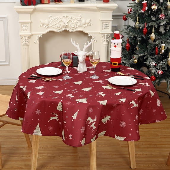 Christmas Table Cloth, Round Xmas Tree Deer Print Waterproof Tablecloth