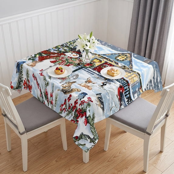 Christmas Table Cloth Waterproof Tablecloths, Farmhouse Snowman Xmas Tree Snowflake Tablecloth Dining Table Cover for Kitchen Party Tabletop Outdoor, Square Tablecloth 54x54 Inch