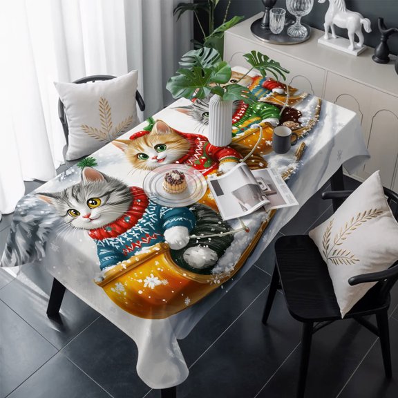 Christmas Table Cloth Waterproof Tablecloths, Funny Cats Sleds Skiing Winter Forest Tree Tablecloth Dining Table Cover for Kitchen Party Tabletop Outdoor, Rectangle Tablecloth 60x120 Inch