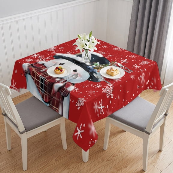 Christmas Table Cloth Waterproof Tablecloths, Red Snowman Pine Cones Xmas Winter Snowflake Tablecloth Dining Table Cover for Kitchen Party Tabletop Outdoor, Square Tablecloth 54x54 Inch