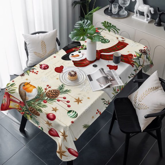 Christmas Table Cloth Waterproof Tablecloths, Snowman Xmas Tree Snowflake Winter Bird Poinsettia Tablecloth Dining Table Cover for Kitchen Party Tabletop Outdoor, Rectangle Tablecloth 60x120 Inch