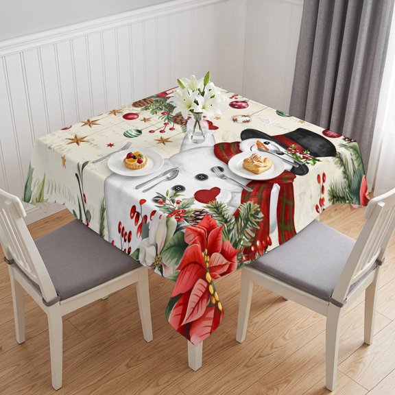Christmas Table Cloth Waterproof Tablecloths, Snowman Xmas Tree Snowflake Winter Bird Poinsettia Tablecloth Dining Table Cover for Kitchen Party Tabletop Outdoor, Square Tablecloth 54x54 Inch
