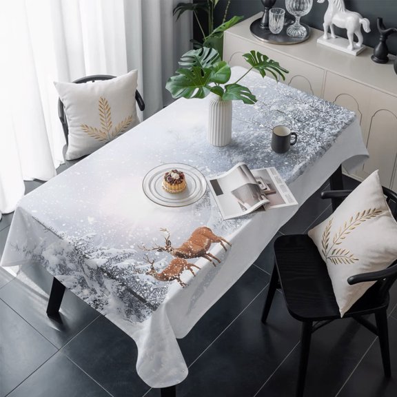 Christmas Table Cloth Waterproof Tablecloths, Winter Deer Pine Trees Nature Snow Scene Tablecloth Dining Table Cover for Kitchen Party Tabletop Outdoor, Rectangle Tablecloth 60x120 Inch