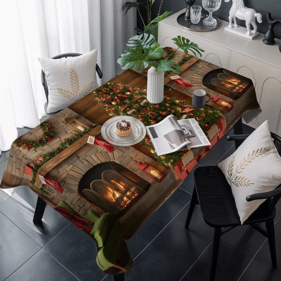 Christmas Table Cloth Waterproof Tablecloths, Winter Fireplace Wreath Modern Xmas Scenery Tablecloth Dining Table Cover for Kitchen Party Tabletop Outdoor, Rectangle Tablecloth 60x120 Inch