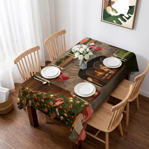Christmas Table Cloth Waterproof Tablecloths, Winter Fireplace Wreath Modern Xmas Scenery Tablecloth Dining Table Cover for Kitchen Party Tabletop Outdoor, Rectangle Tablecloth 60x84 Inch