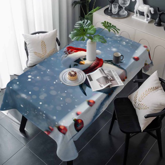 Christmas Table Cloth Waterproof Tablecloths, Winter Snow Cute Penguin Xmas Ombre Blue Tablecloth Dining Table Cover for Kitchen Party Tabletop Outdoor, Rectangle Tablecloth 60x120 Inch