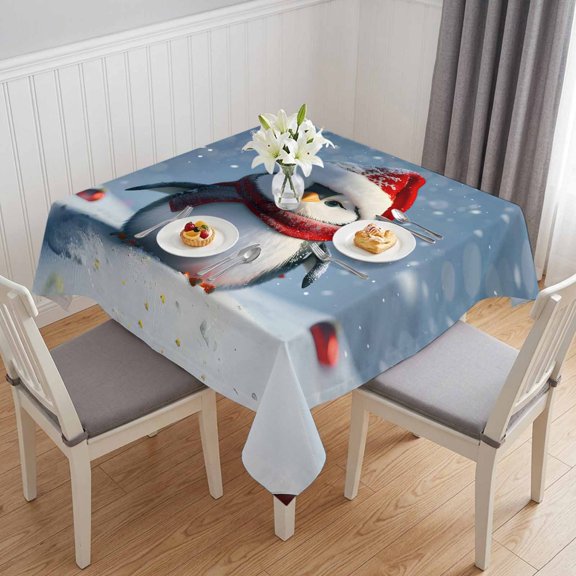 Christmas Table Cloth Waterproof Tablecloths, Winter Snow Cute Penguin Xmas Ombre Blue Tablecloth Dining Table Cover for Kitchen Party Tabletop Outdoor, Square Tablecloth 54x54 Inch