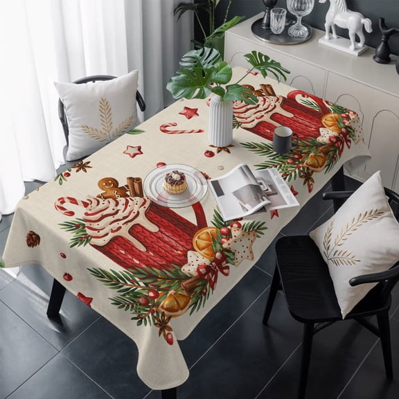 Christmas Table Cloth Waterproof Tablecloths, Winter Xmas Ice Cream Pine Leaves Star Beige Tablecloth Dining Table Cover for Kitchen Party Tabletop Outdoor, Rectangle Tablecloth 60x120 Inch
