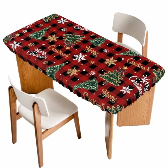 Christmas Table Cloths for 3 Foot Rectangle Tables, Pine Tree Gold White Snowflake Red Black Plaid Patio Waterproof Elastic Fitted Tablecloths, Washable Rectangular Table Cover for Camping