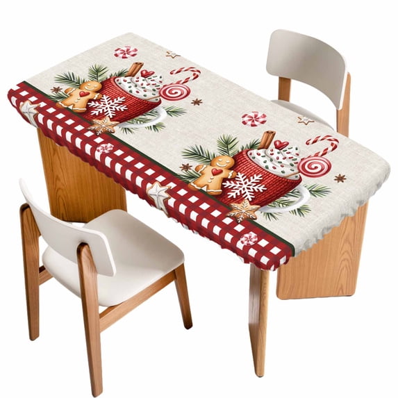 Christmas Table Cloths for 3 Foot Rectangle Tables, Retro Winter Ice Cream Snowflakes Needles Plaid Patio Waterproof Elastic Fitted Tablecloths, Washable Rectangular Table Cover for Camping