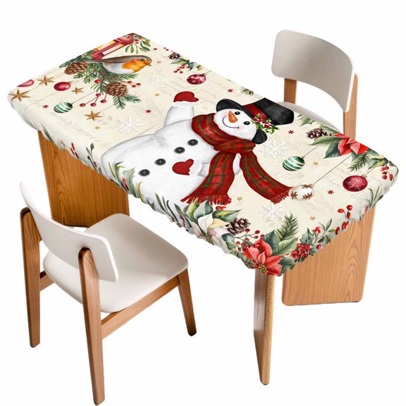 Christmas Table Cloths for 3 Foot Rectangle Tables, Snowman Xmas Tree Snowflake Winter Bird Poinsettia Patio Waterproof Elastic Fitted Tablecloths, Washable Rectangular Table Cover for Camping