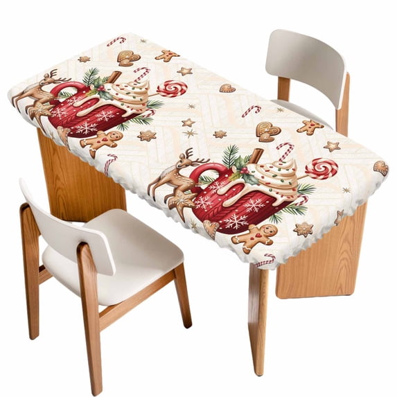 Christmas Table Cloths for 3 Foot Rectangle Tables, Winter Deer Ice Cream Cookies Star Pine Needle Patio Waterproof Elastic Fitted Tablecloths, Washable Rectangular Table Cover for Camping