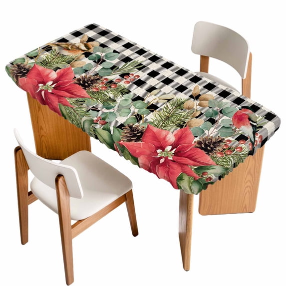 Christmas Table Cloths for 3 Foot Rectangle Tables, Winter Poinsettia Berry Black White Plaid Patio Waterproof Elastic Fitted Tablecloths, Washable Rectangular Table Cover for Camping