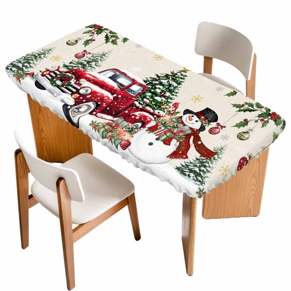 Christmas Table Cloths for 3 Foot Rectangle Tables, Xmas Snowman Truck Snowflake Tree Balls Rustic Patio Waterproof Elastic Fitted Tablecloths, Washable Rectangular Table Cover for Camping