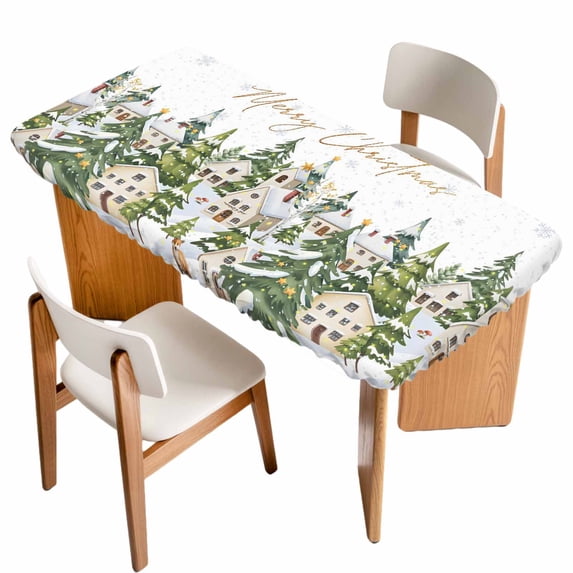 Christmas Table Cloths for 4 Foot Rectangle Tables, Winter Xmas Trees Snowflakes Country Cabin Patio Waterproof Elastic Fitted Tablecloths, Washable Rectangular Table Cover for Camping